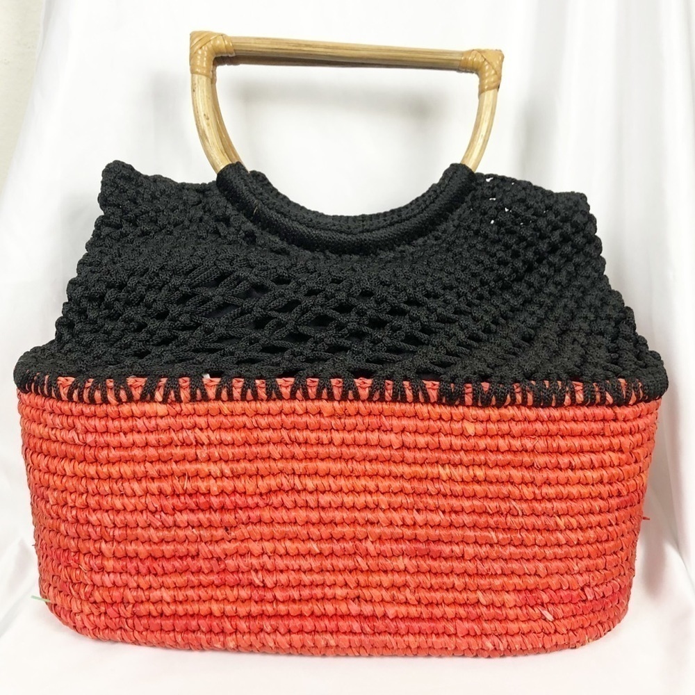 Sensi Studio Woven Knit Bamboo Wood Bag Summer Black Red Casual